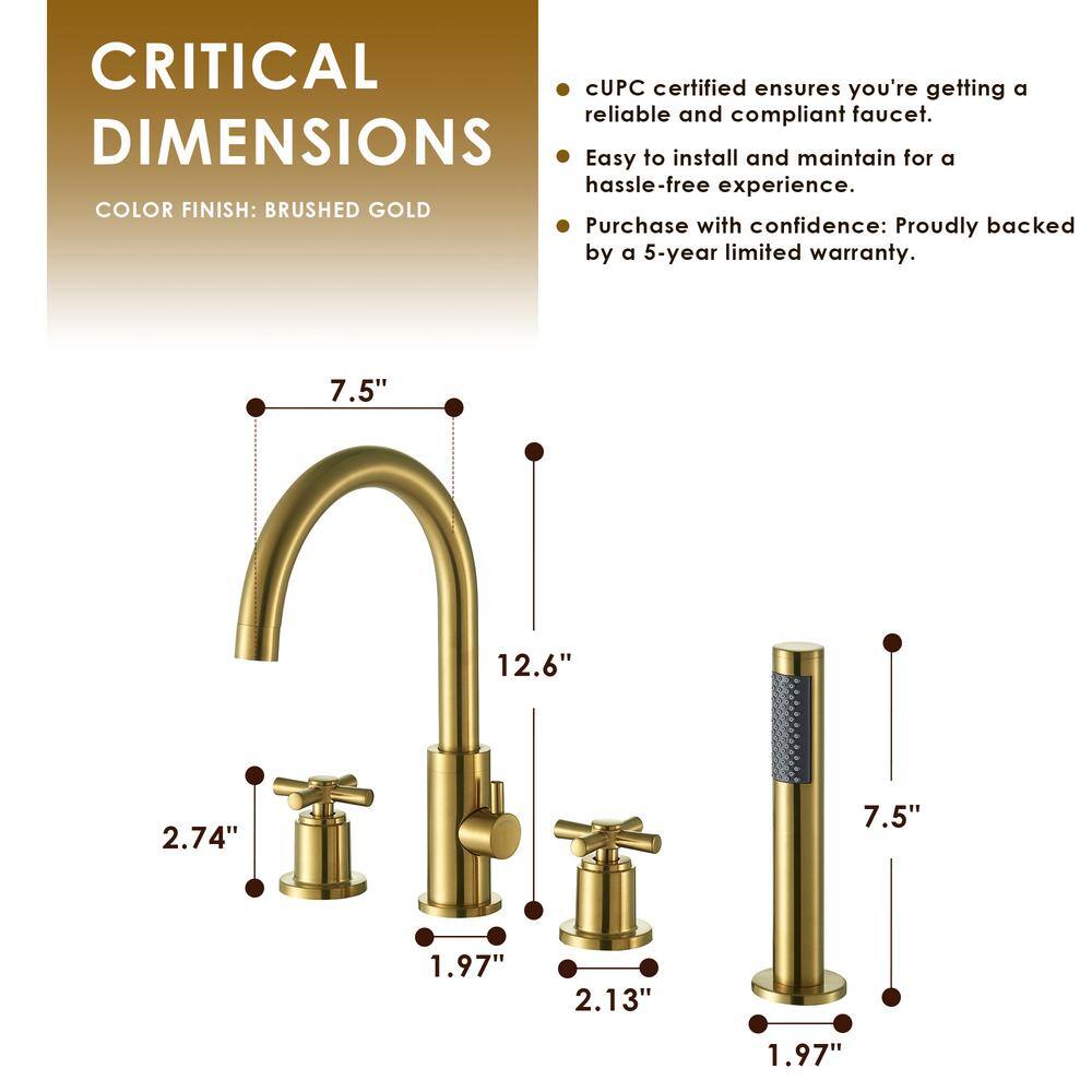 Brushed Gold Stainless Steel Deck-Mount Tub Faucet Set