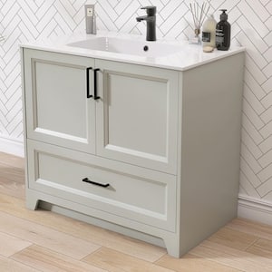 36 in. Single Sink Light Gray Bath Vanity Cabinet with Solid Surface White Top Solid Wood Bathroom Cabinet Assembled