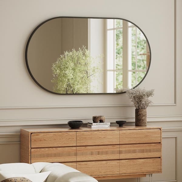 20.1 in. W x 35.8 in. H Modern Runway-Shaped Oval Black Aluminum Alloy Framed Bathroom Mirror Wall Mirror