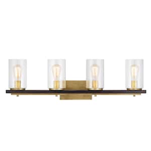 Boswell Quarter 4-Light Vintage Brass Vanity Light with Black Distressed Wood Accents