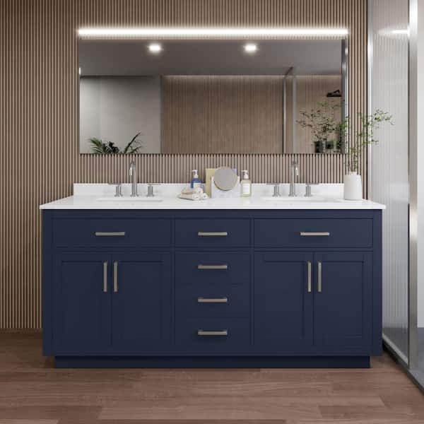 Wyndham Collection Beckett TK 72 in. W x 22 in. D x 35 in. H Double Sink Bath Vanity in Dark Blue with Brushed Nickel Trim White Quartz Top