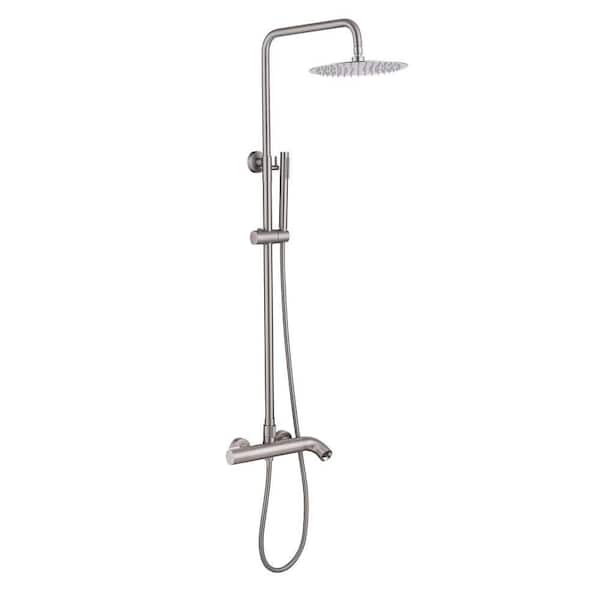2 Handle 1-Spray Exposed Pipe Tub Shower Faucet 1.8 GPM Brass Wall Mount Shower System in Brushed Nickel Valve Included