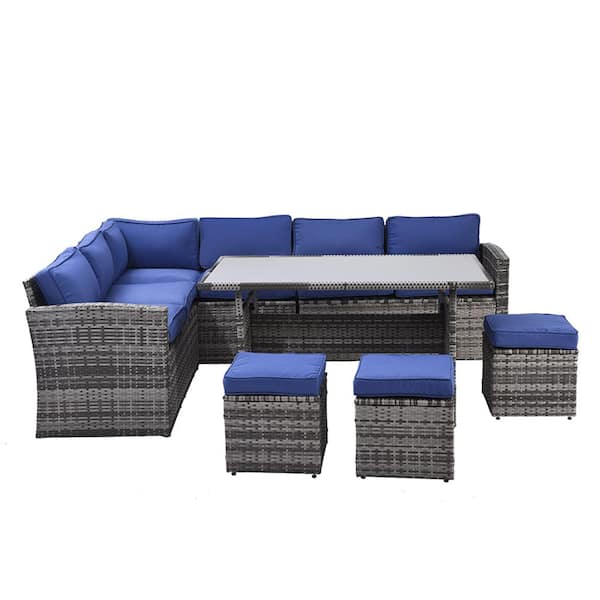 Sudzendf Gray 7-Piece Wicker Outdoor Patio Conversation Set with Dining Table, Ottomans and Blue Removable Cushions