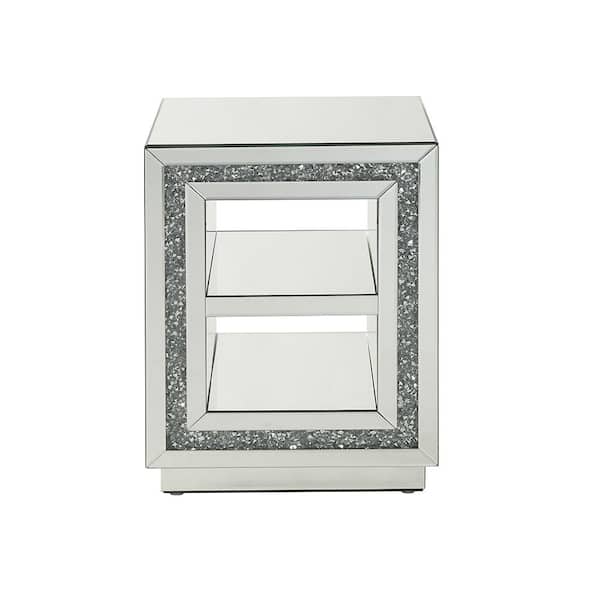 Acme Furniture Noralie 16 in. Mirrored and Faux Diamonds Rectangle Glass End Table with Shelves