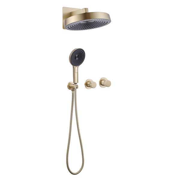 FLG Double Handle 3-Spray Shower Faucet 1.8 GPM with Ceramic Disc Valves Brass Rain Wall Mount Shower System in Brushed Gold
