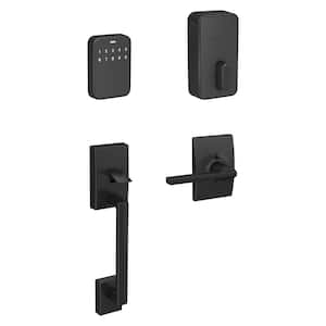 Matte Black Sense Pro Smart Deadbolt with Century Front Entry Door Handleset with Latitude Lever and Century Trim