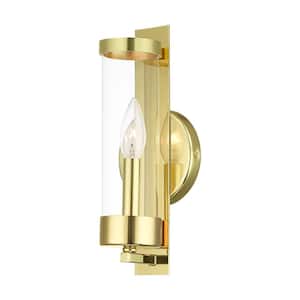 Mayfield 12 in. 1-Light Polished Brass ADA Wall Sconce with Clear Cylinder Glass