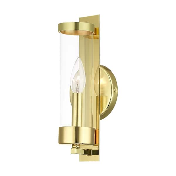 AVIANCE LIGHTING Mayfield 12 in. 1-Light Polished Brass ADA Wall Sconce with Clear Cylinder Glass
