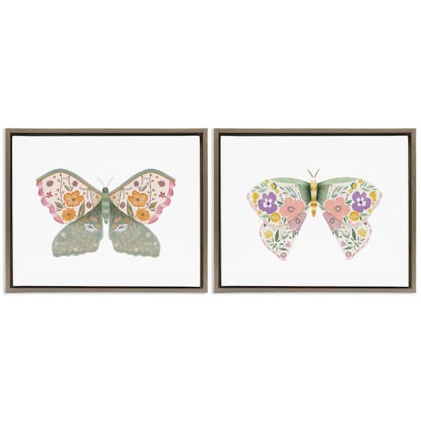 Folk Florals Butterflies by Kim Allen 2-Pieces Brown Floater Frame Animal Graphic Art Print 25 in. x 31 in.