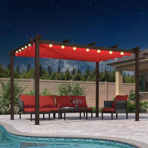 PURPLE LEAF 10 ft. x 12 ft. Bronze Aluminum Frame Morden Pergola with Red Retractable Sun Shade Canopy and String Lights