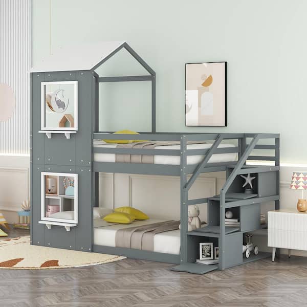 Harper & Bright Designs Gray and White Twin Over Twin Wood Bunk Bed With Roof, Window and Storage Stairs