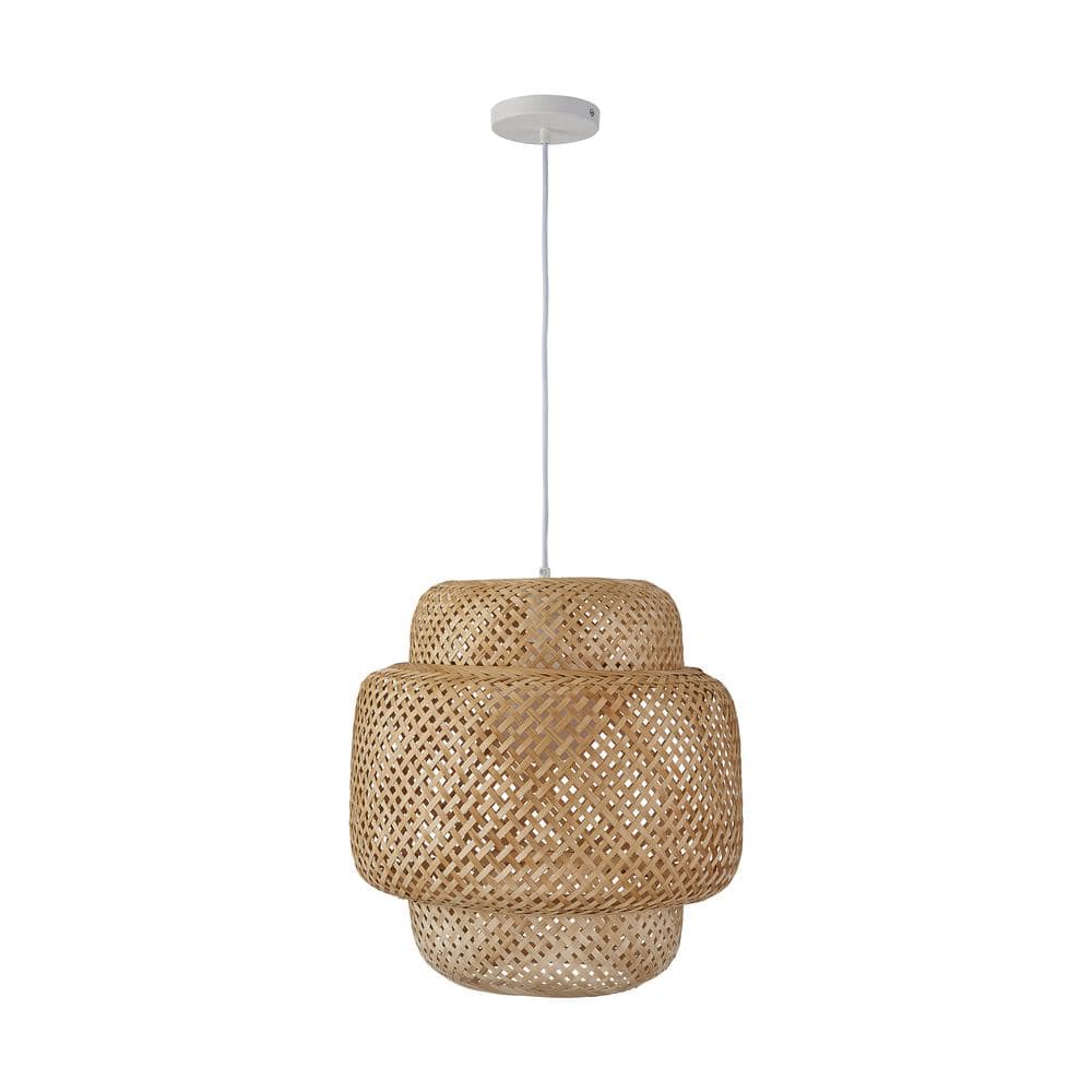 1-Light White and Natural Brown Woven Basket Chandelier with No Bulb Includ