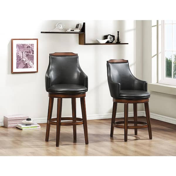 Toulon 28 in. Burnished Oak Finish Wood Swivel Pub Height Chair with Dark Brown Faux Leather Seat (Set of 2)
