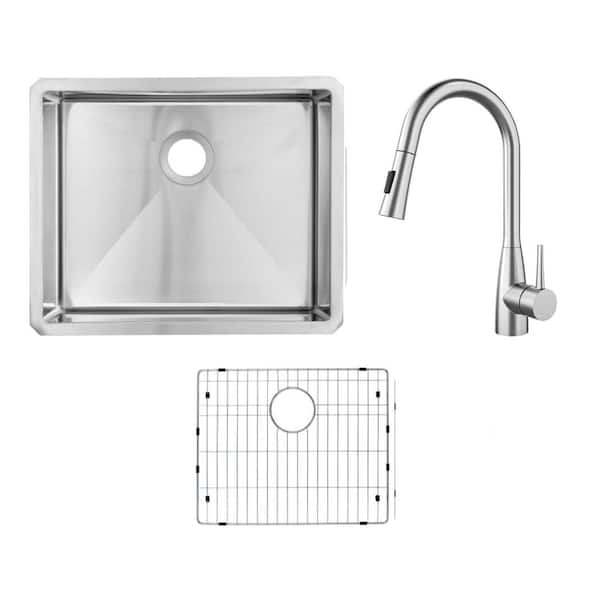 23 in. Handmade Tiny Radius Undermount Single Bowl 16-Gauge Stainless Steel Kitchen Sink with Pull-Out Sprayer Faucet