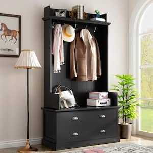 Black Hall Tree and Shoe Storage Bench with Drawers, Wooden Coat Rack with 5 Hooks for Mudroom Organization Entryway