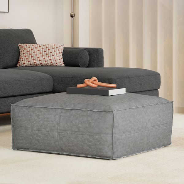 Simpli Home Brody Boho Square Pouf in Distressed Grey Vegan Faux Leather