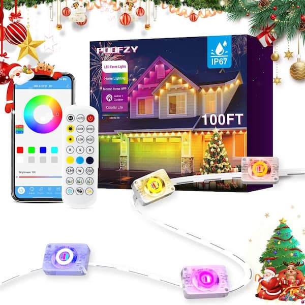 100ft RGB IC Smart Permanent Outdoor Lights, IP67 Eaves House Roof Lighting, 50 Scenes App Remote, Christmas Decor