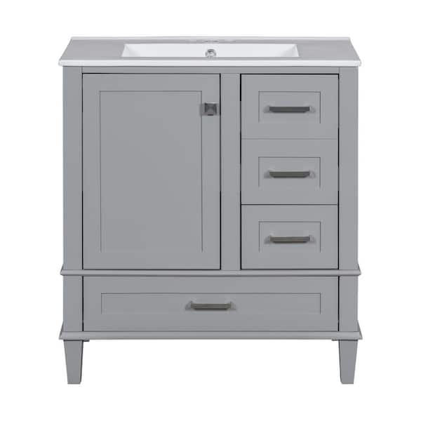 30 in. Gray Bath Vanity with Ceramic Top Sink with a Soft Closing Door and 3 Drawers