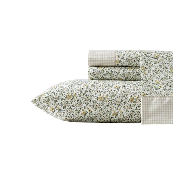 Laura Ashley Tierney 4 Piece Maize/Green Cotton King Sheet Set