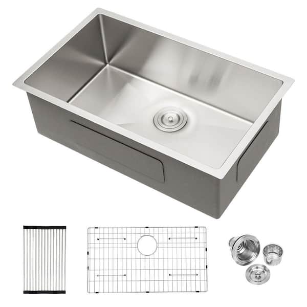 30 in. Undermount Single Bowl 16 Gauge Brushed Nickel Stainless Steel Kitchen Sink with Bottom Grids and Drying Rack