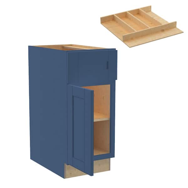 Home Decorators Collection Washington 15 in. W x 24 in. D x 34.5 in. H Vessel Blue Plywood Shaker Assembled Base Kitchen Cabinet Left Utility Tray