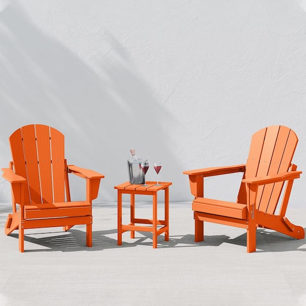 Laguna 3-Piece Fade Resistant Outdoor Patio HDPE Poly Plastic Folding Adirondack Chair Set with Side Table in Orange