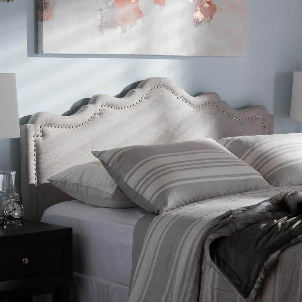 Greyish Beige Upholstered Queen Headboard with Nailhead Trim