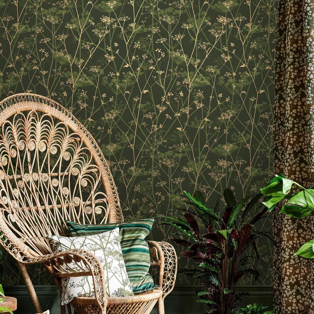 Sage and Gold Wild Chervil Floral Wallpaper Roll