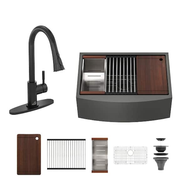 33 in. Farmhouse/Apron-Front Single Bowl Nano PVD Gunmetal Black Stainless Steel Workstation Kitchen Sink with Faucet