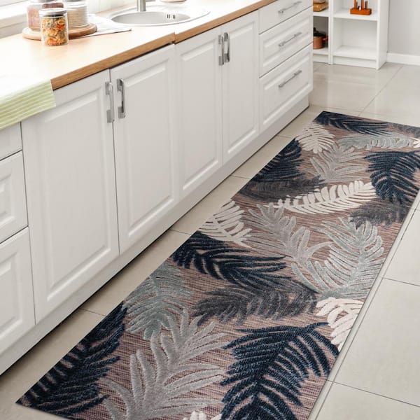 Montego High-Low Tropical Palm Brown/Navy/Ivory 2 ft. x 8 ft. Indoor/Outdoor Area Rug