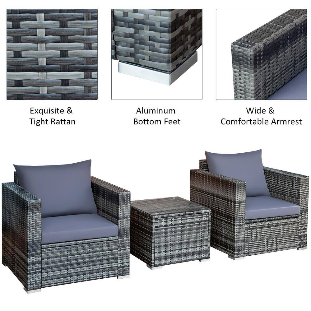 Gray Wicker 3-Piece Outdoor Patio Set with Cushions
