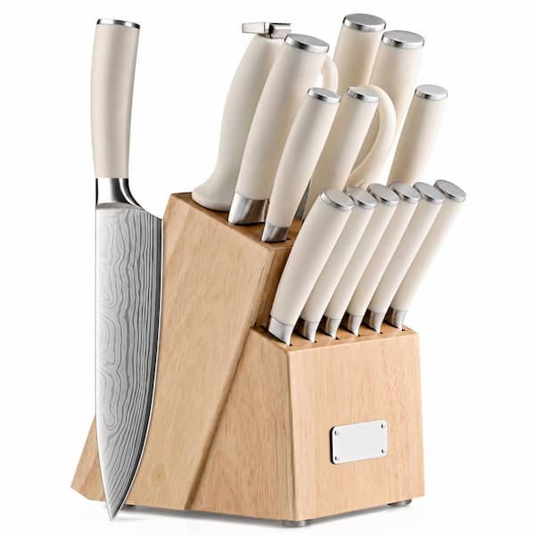15-Piece High Carbon Stainless Steel Kitchen Knife Set with Block, Sharpener and White Handles