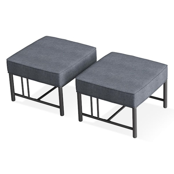 Minimalism Metal Black Outdoor Patio Ottoman with Dark Gray Cushions (2-Pack)