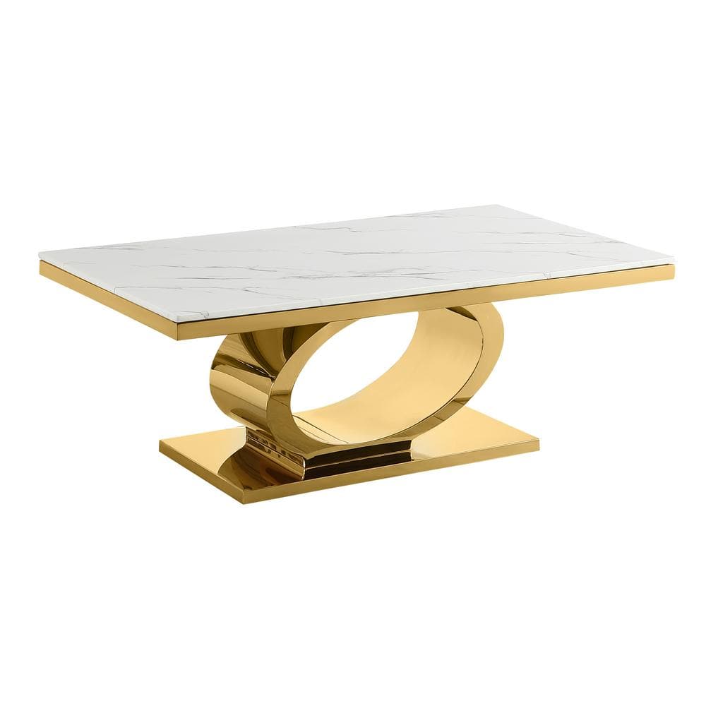 Rectangular White Marble Coffee Table with Gold Metal Base