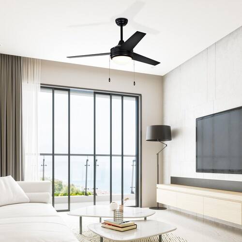 52 in. Indoor Black 3-Blade Reversible Ceiling Fan with Light Kit and Pull Chain Lighting