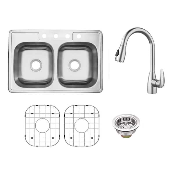 33 in. Drop-In Double Bowl 50/50-20-Gauge Stainless Steel Kitchen Sink with Pull Down Sprayer Kitchen Faucet