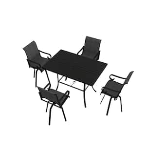 5-Piece Aluminum Bar Height Outdoor Dining Set 360° Rotation Chair and Square Table with Cushion and Umbrella Hole