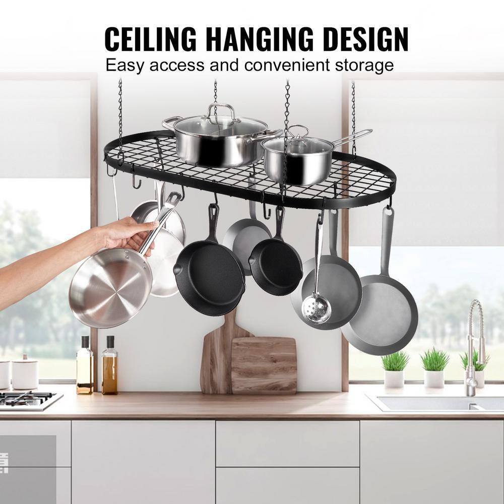 Black Carbon Steel 36-Inch Ceiling Mount Hanging Pot Rack with 20 S Hooks