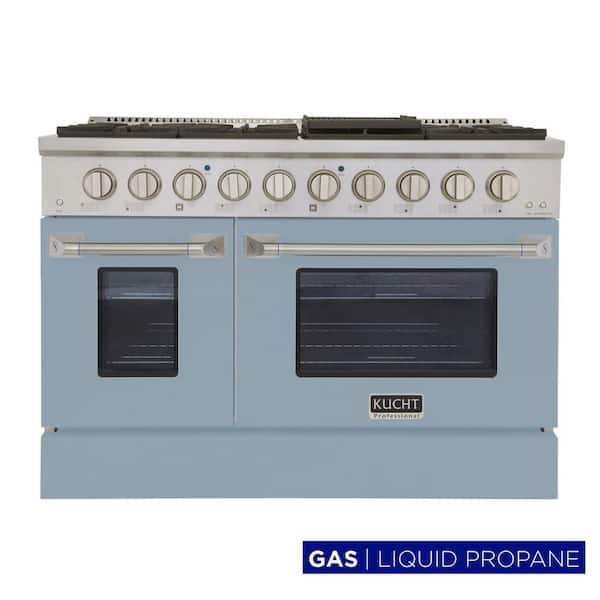 Pro-Style 48 in. 6.7 cu. ft. 8-Burners with Double Oven Liquid Propane Range in Stainless Steel and Light Blue Oven Door