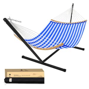 10 ft. Quilted 2-Person Hammock with Stand and Matching Pillow, Blue Stripes