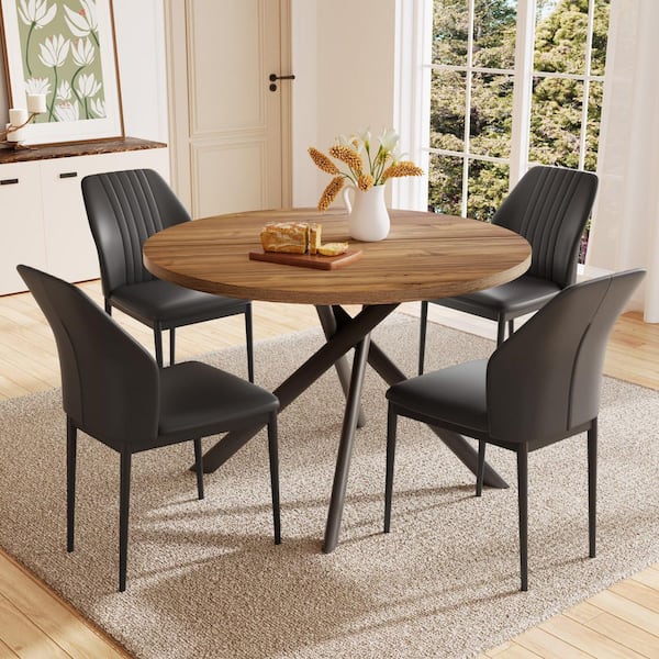 5-Piece Black Chairs and Light Walnut Round Dining Table, Dining Table Set with 4 Dining Chairs