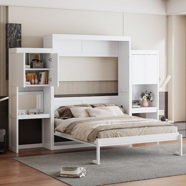 White Wood Frame Queen Size Murphy Bed with Flip-Up Vanity with a Mirror, Storage Cabinets, Built-in Desk