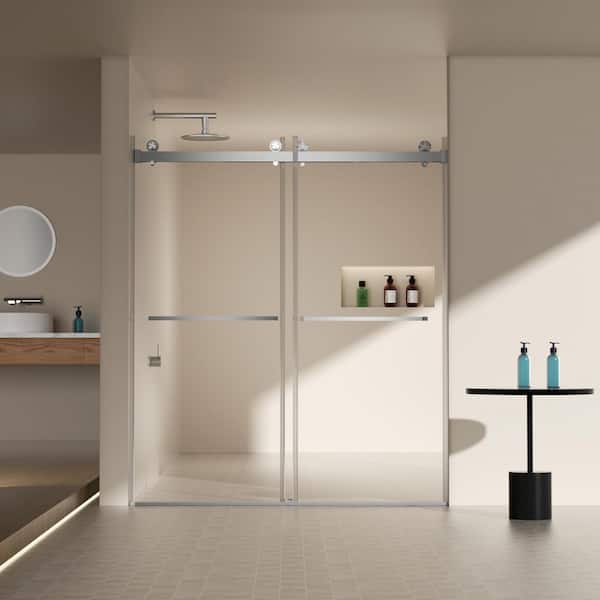 56 in. to 60 in. W x 76 in. H Double Sliding Frameless Shower Door in Brushed Nickel with Tempered Glass
