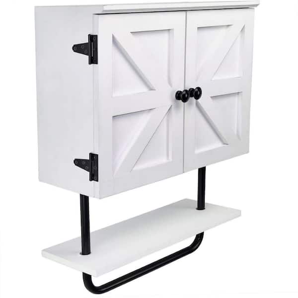 Dracelo 16.75 in. W x 8 in. D x 20.75 in. H White Bathroom Wall Cabinet with Adjustable Shelf and Towel Bar