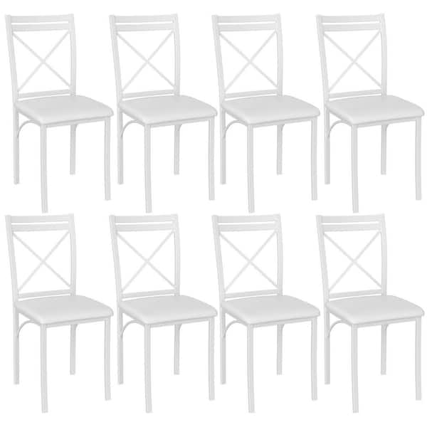 Dining Chairs (Set of 8) w/ Steel Legs, Ergonomic Back and PU Leather Cushioned Seats for Kitchen and Living Room, White