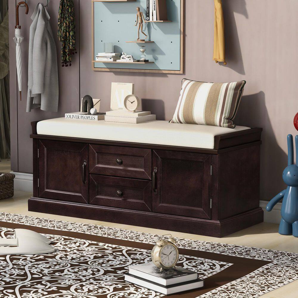 17.5 in. H x 42.5 in. W Brown Wood Shoe Storage Bench with 2-Drawers, 2-Cabinets and Removable Cushion price history on PriceWatchPro