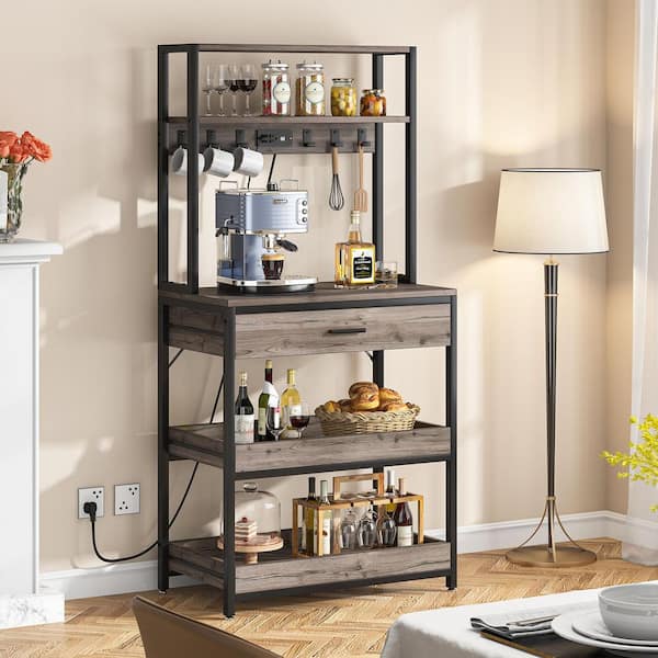 Gray 5+Shelf Metal 31.5 in. W Baker's Rack with Power and USB Outlets, Microwave Oven Stand with Drawer Sliding Shelves