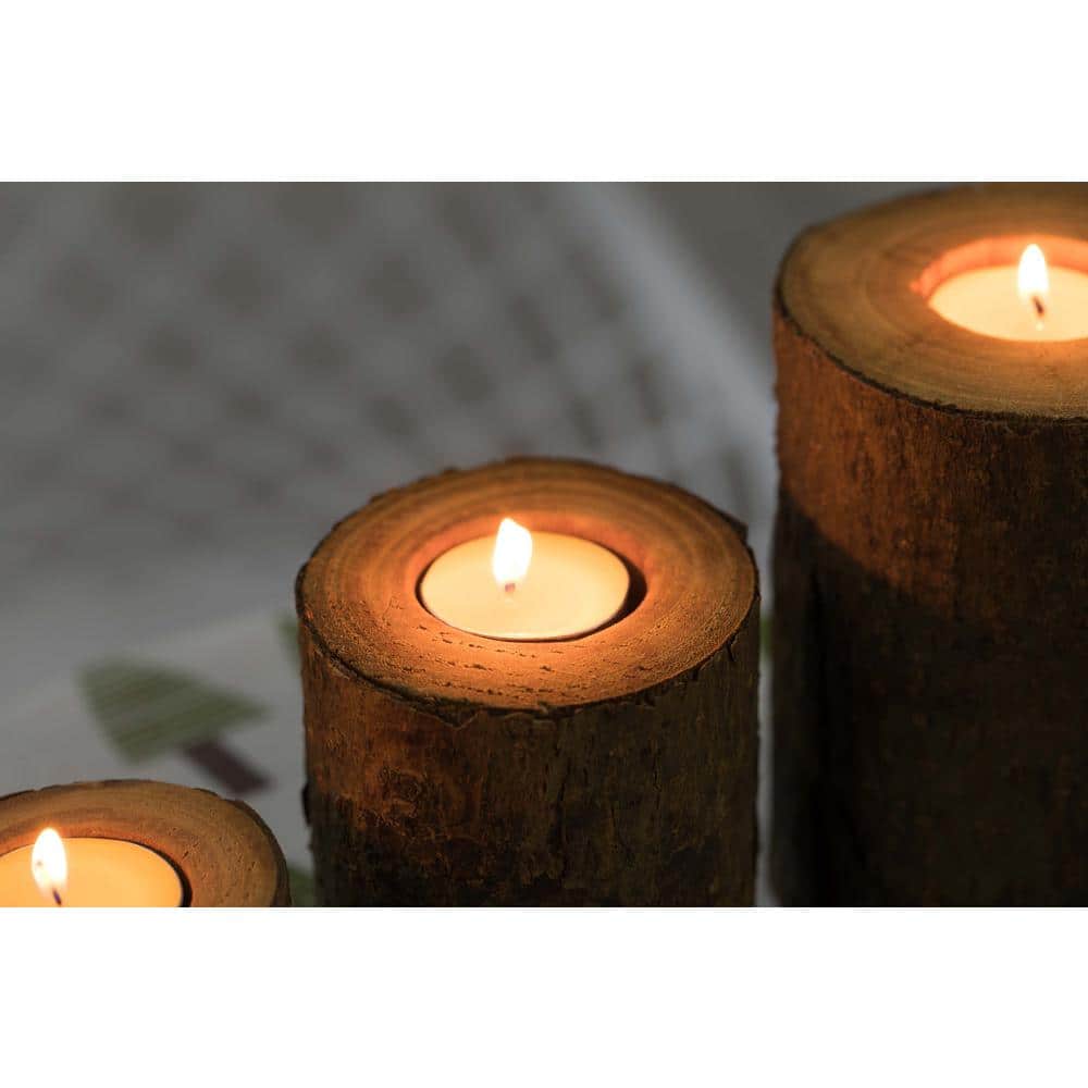 Rustic Bark Wooden Tea Light Candle Holder Trio