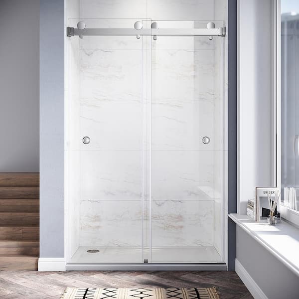 UNIKOO UKD01 46 to 49 in. W x 80 in. H Double Sliding Frameless Shower Door in Chrome, EnduroShield 3/8 in. Clear Glass
