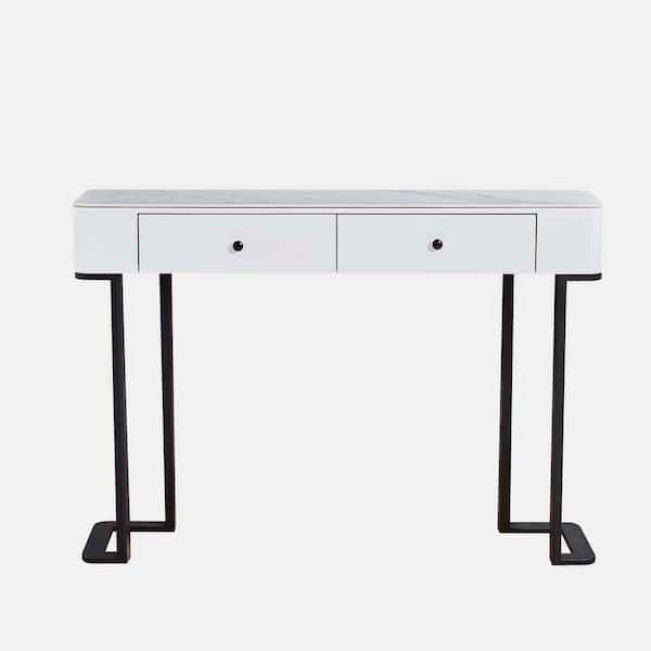 wetiny 47.24 in. Black Rectangle Marble Console Table with Storing Space and Adjustable Foot Pads